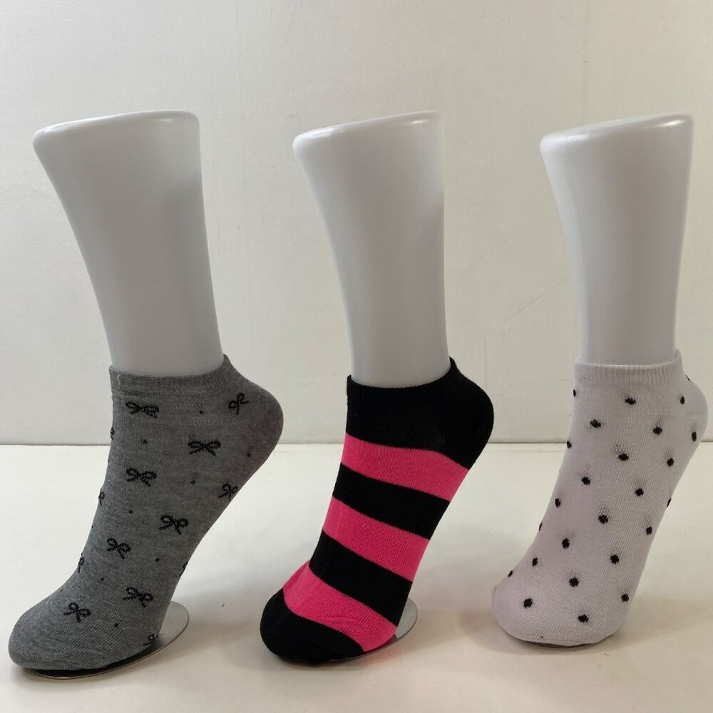 Womens Ankle Socks Set 3 Bow Print Stripes Polka Dots Gray Black Pink White